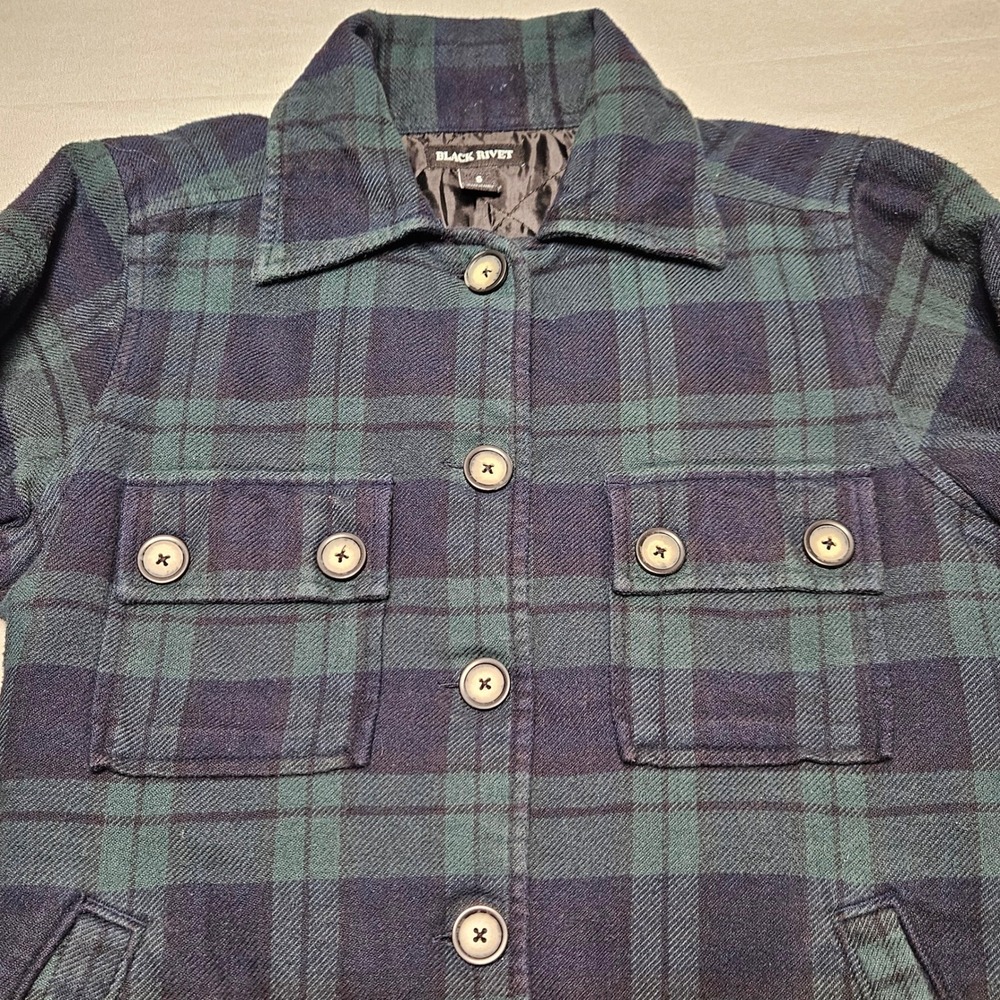 Black Rivet Plaid Flannel Shacket Women Small Green Navy Quilted Lining Jacket